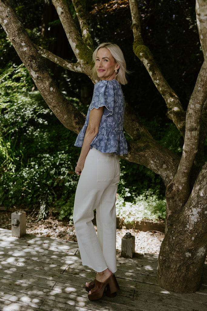 Embroidered Front Tie Peplum - Denim