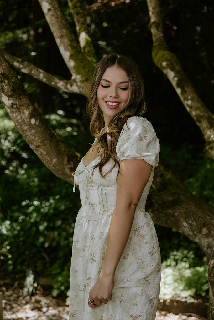 Puff Sleeve Midi Dress With Buttons - Sage