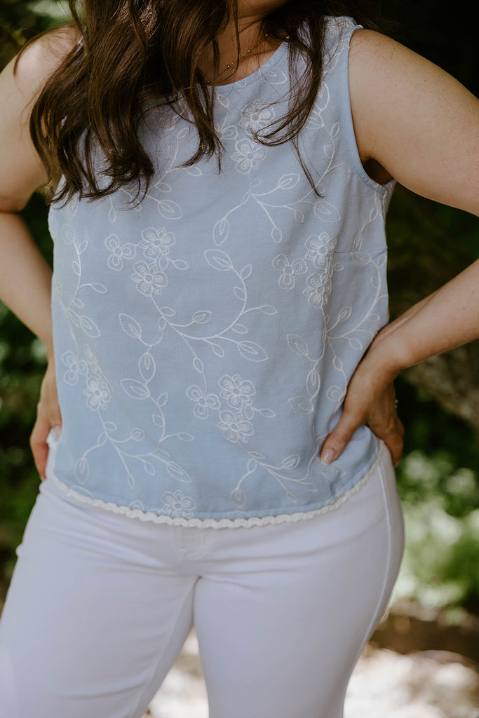 Embroidered Floral Sleeveless Top - Blue