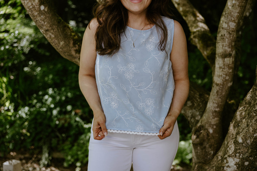 Embroidered Floral Sleeveless Top - Blue