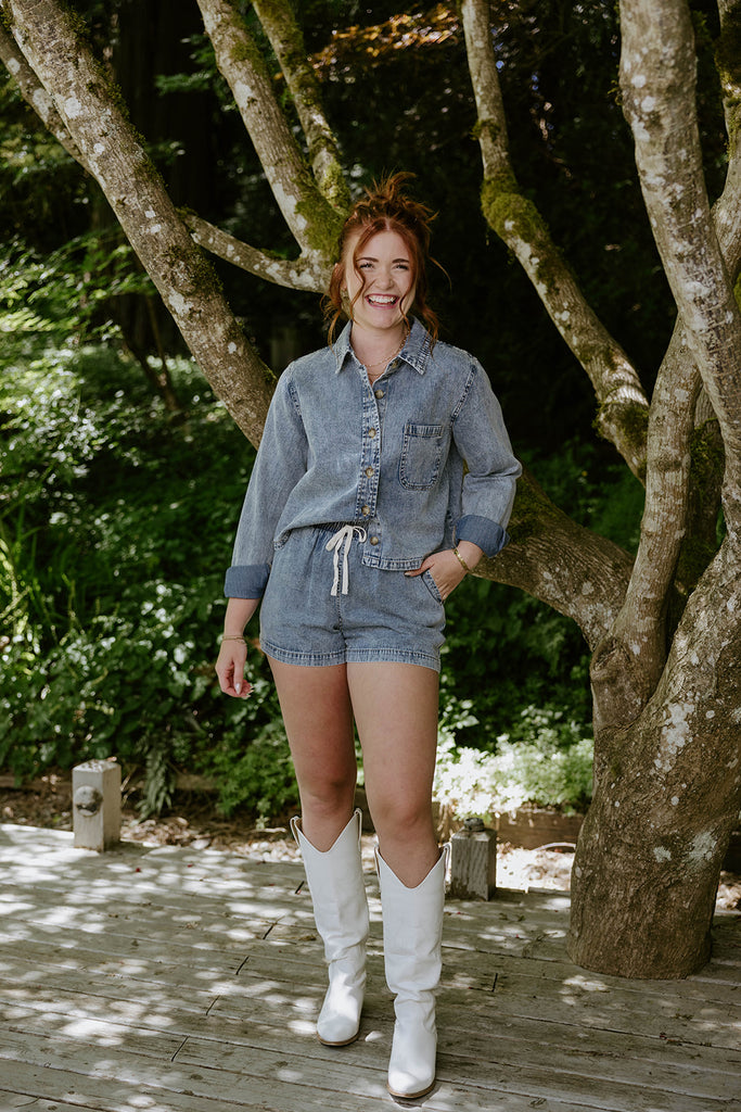 Washed Denim Boxy Shirt & Shorts Set