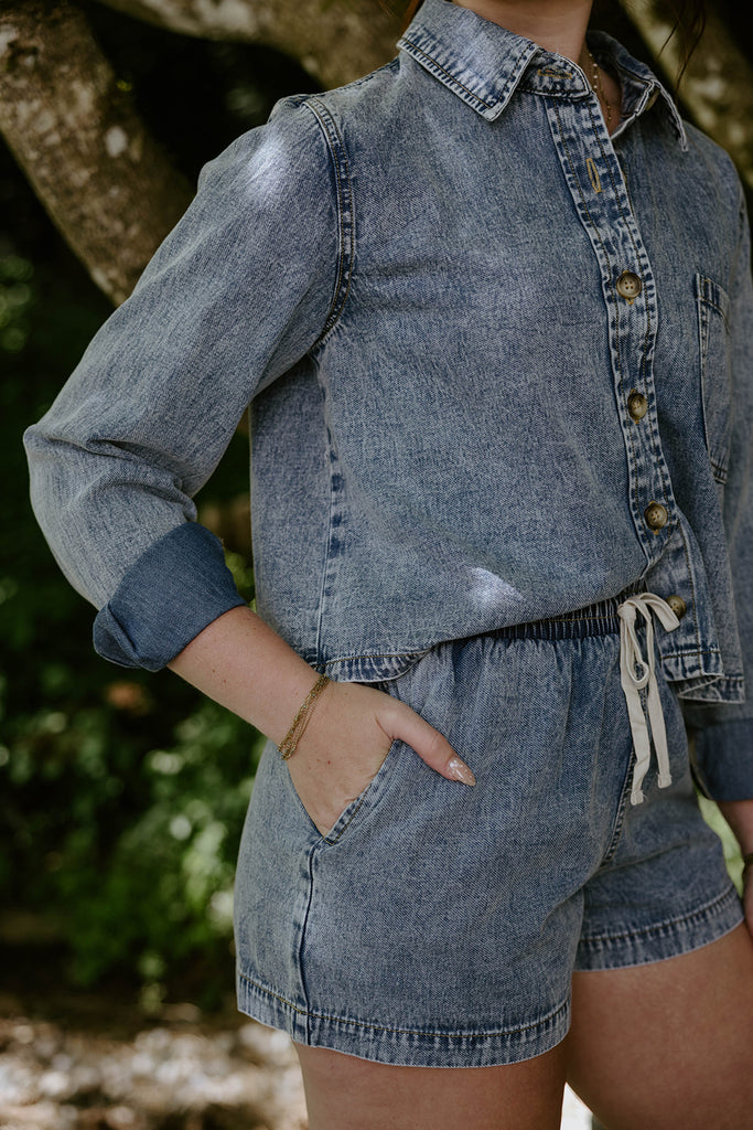 Washed Denim Boxy Shirt & Shorts Set