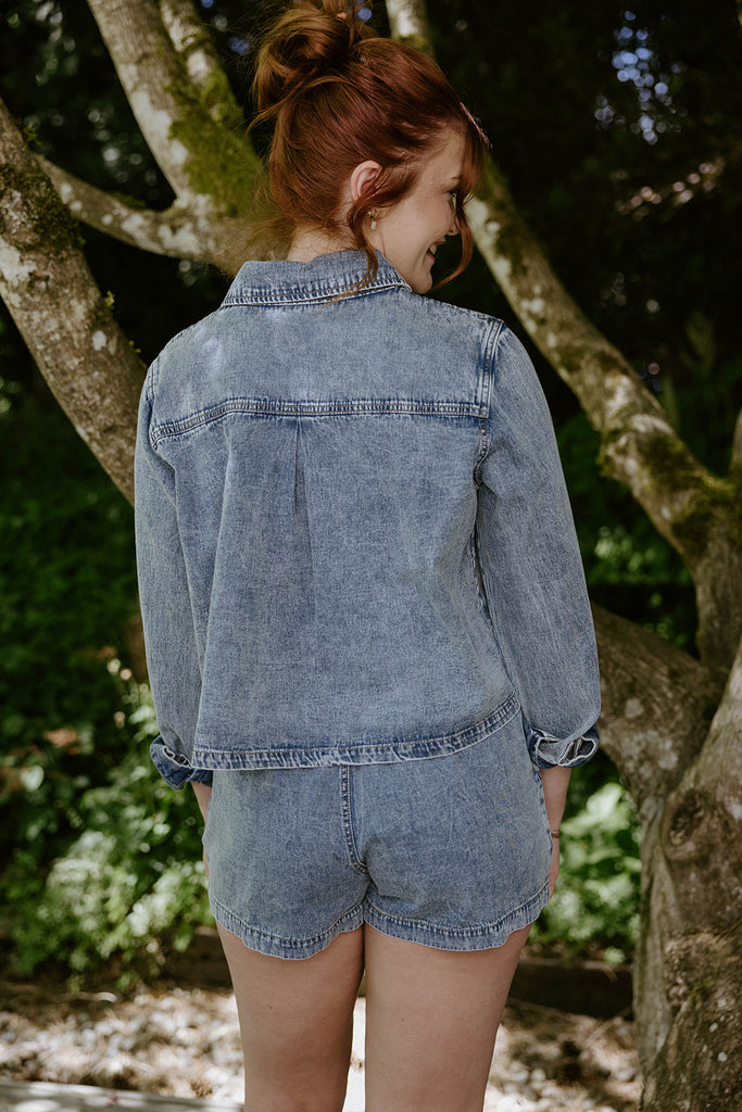 Washed Denim Boxy Shirt & Shorts Set