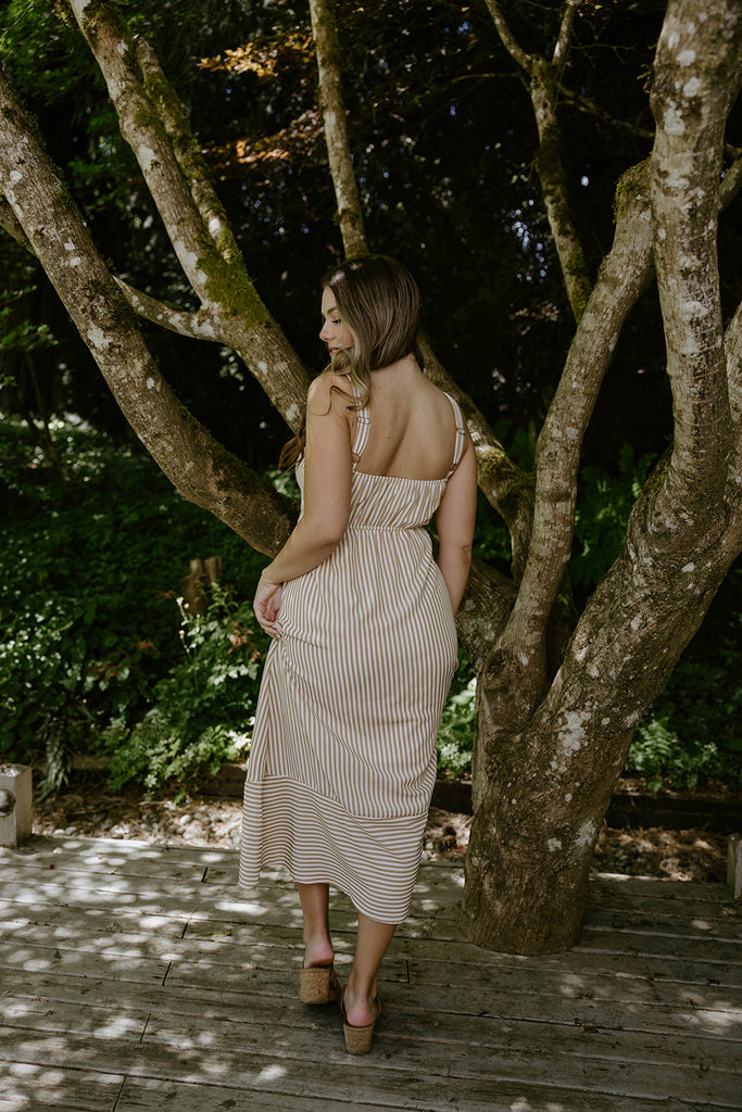 Stripe Button Down Midi - Khaki