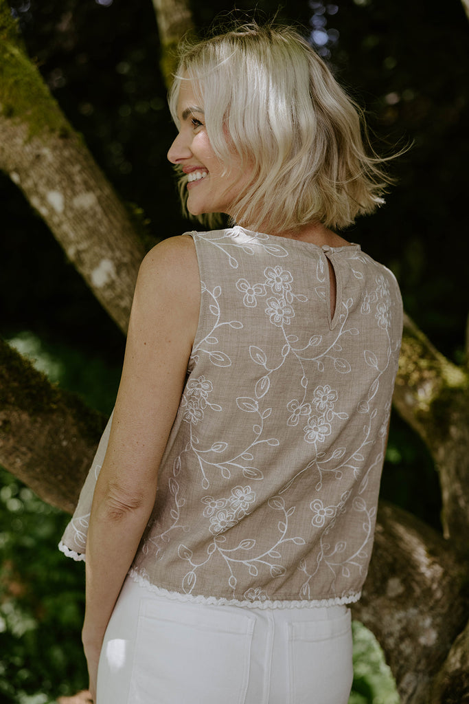Embroidered Floral Sleeveless Top - Khaki