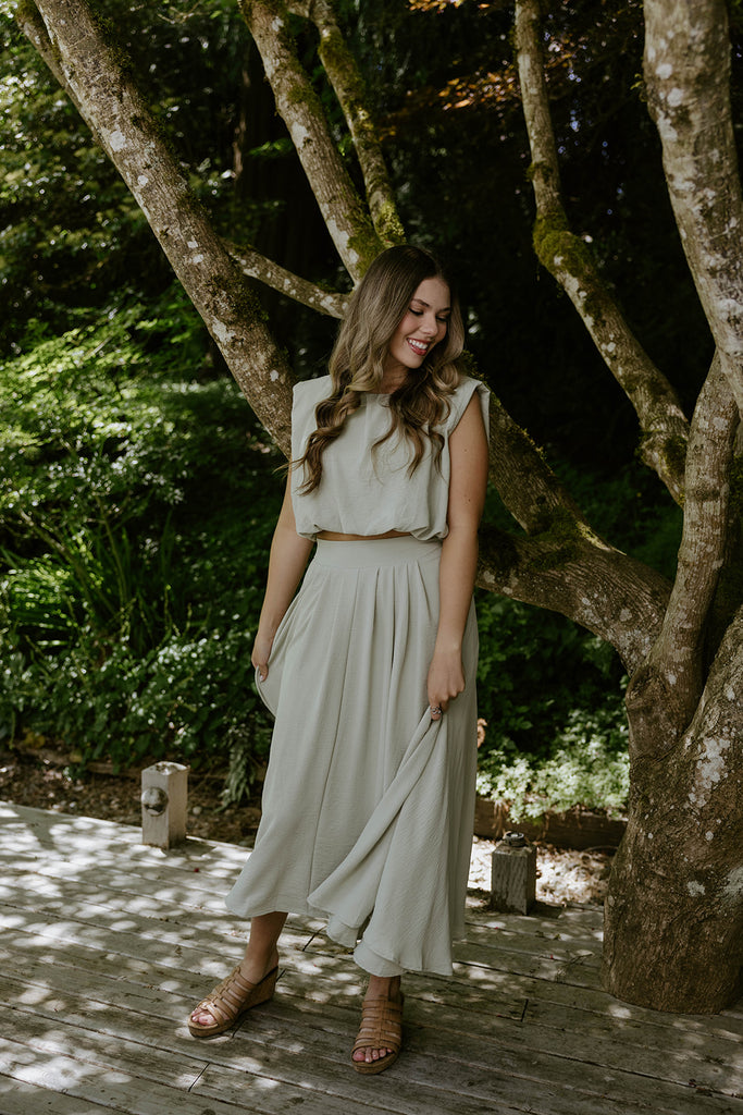 Bubble Top & Flowy Midi Skirt Set - Olive