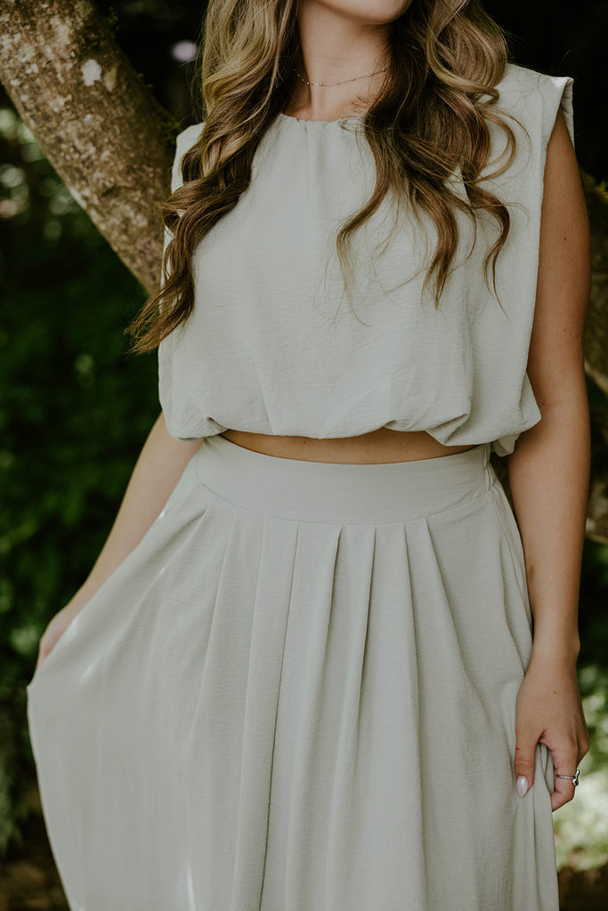 Bubble Top & Flowy Midi Skirt Set - Olive