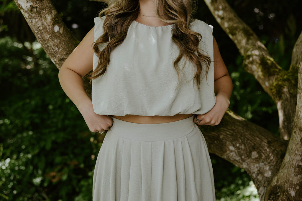 Bubble Top & Flowy Midi Skirt Set - Olive