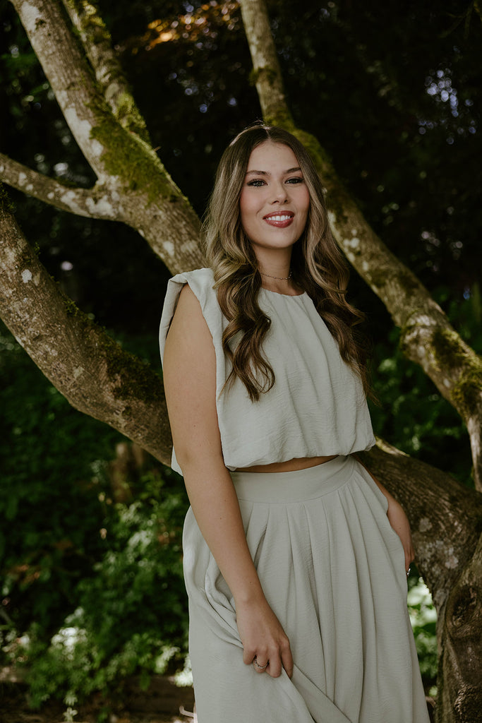 Bubble Top & Flowy Midi Skirt Set - Olive