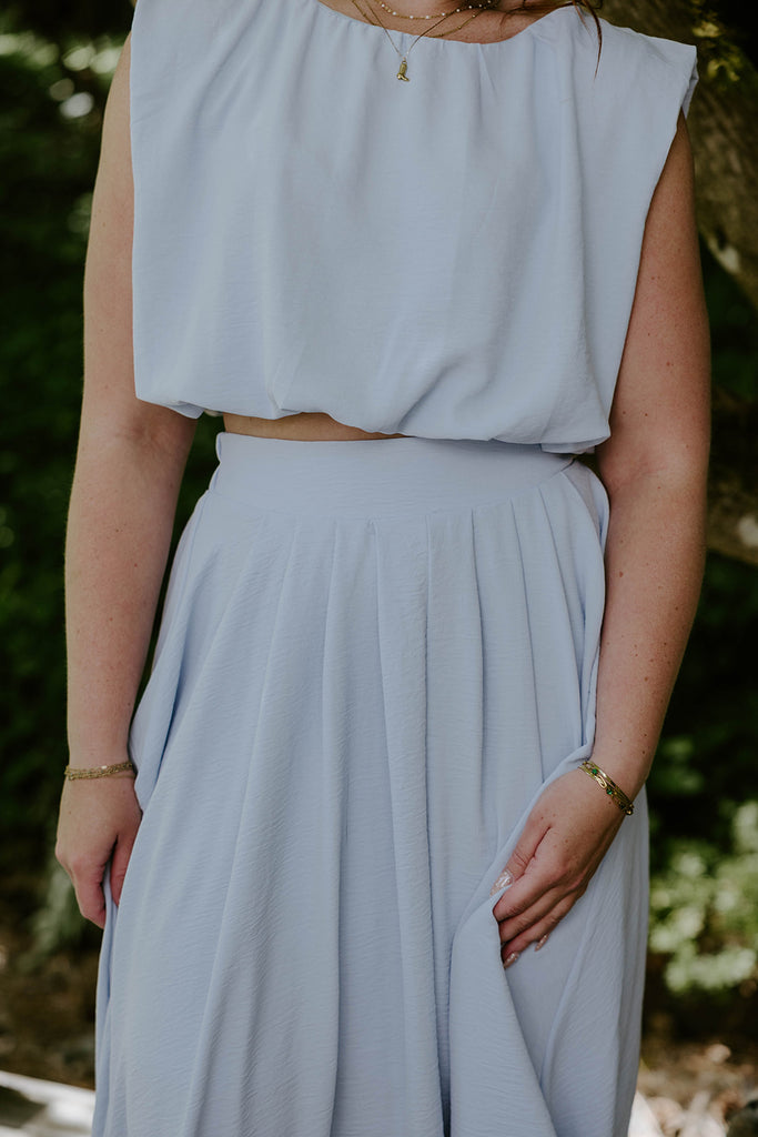 Bubble Top & Flowy Midi Skirt Set - Blue