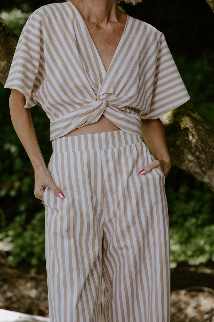 Striped Front Twist Top & Pant Set - Taupe