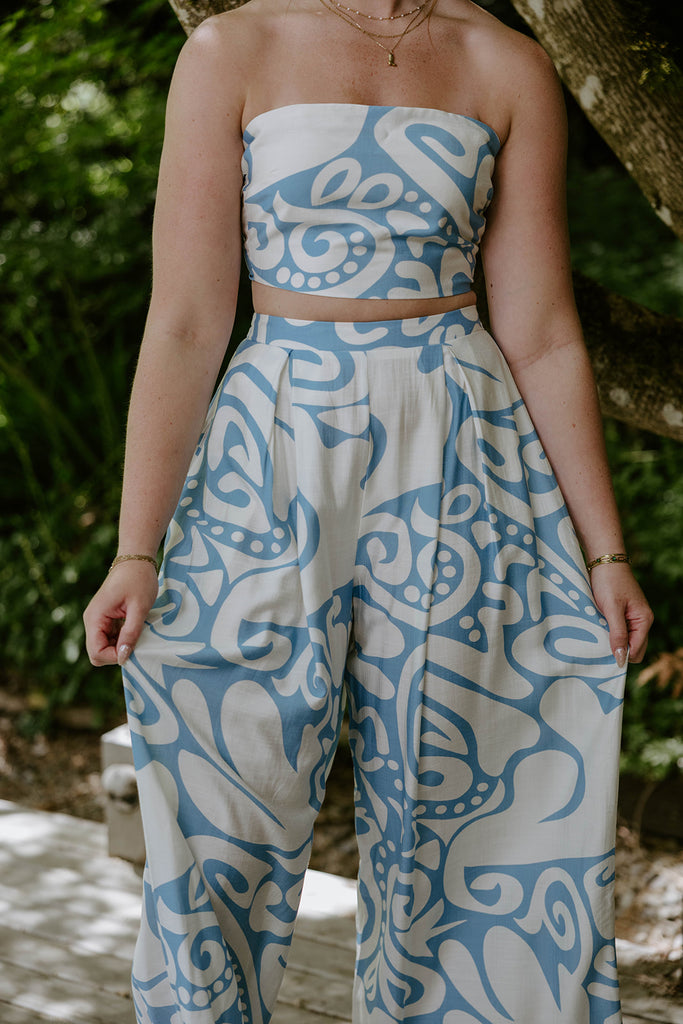 Abstract Print Top & Flowy Pant Set - Blue