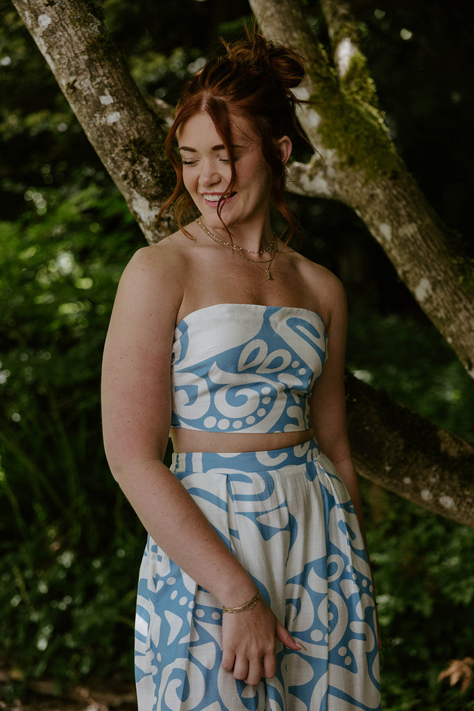 Abstract Print Top & Flowy Pant Set - Blue