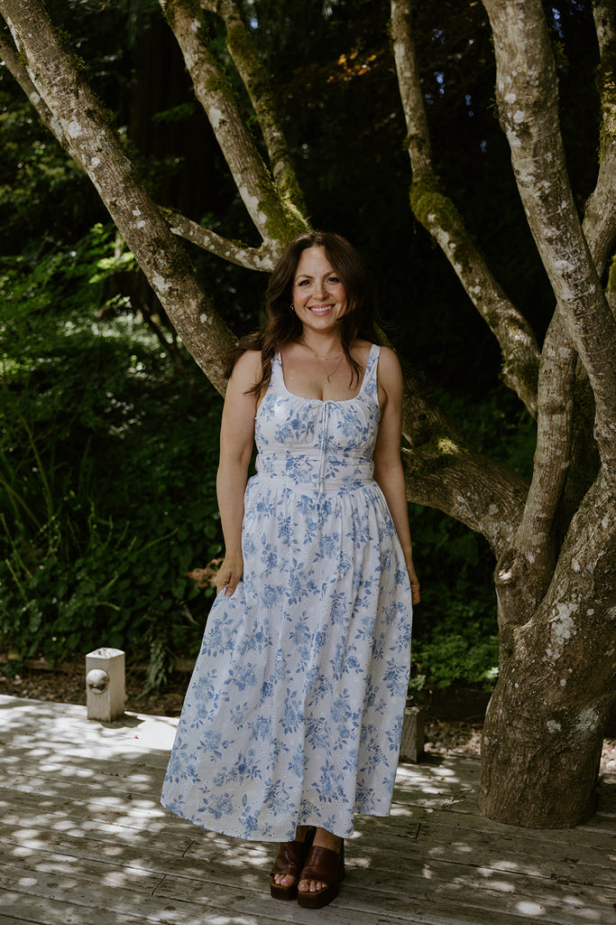 Floral Front Tie Corset Midi Dress - Blue