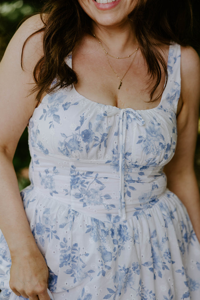Floral Front Tie Corset Midi Dress - Blue
