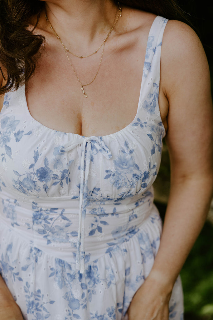 Floral Front Tie Corset Midi Dress - Blue
