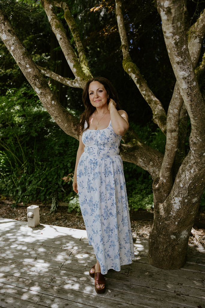 Floral Front Tie Corset Midi Dress - Blue