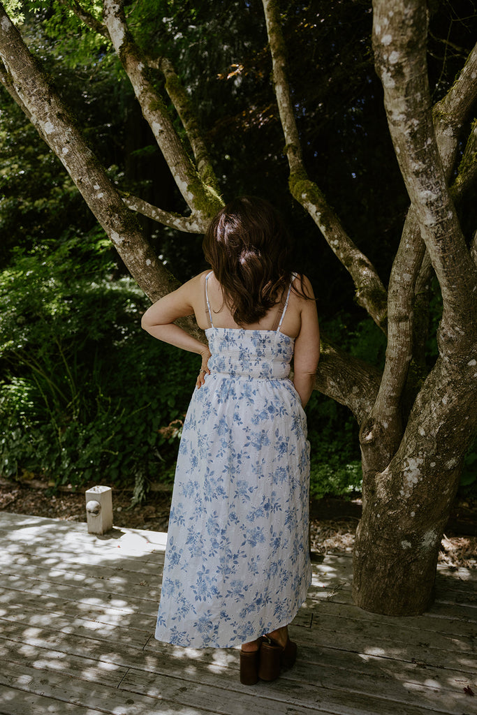 Floral Front Tie Corset Midi Dress - Blue