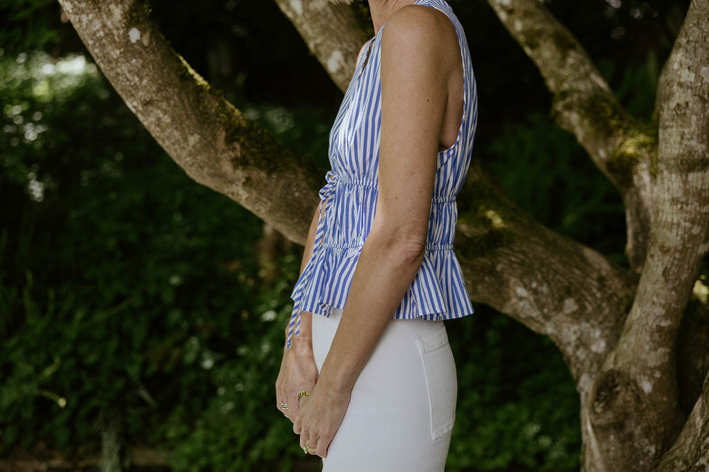 Sleeveless Striped Smocked Shirt - Blue
