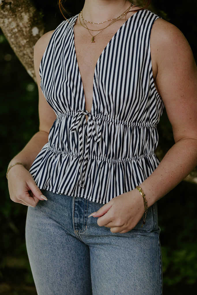 Sleeveless Striped Smocked Shirt - Navy