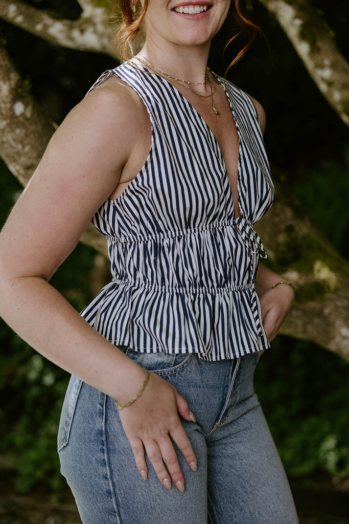 Sleeveless Striped Smocked Shirt - Navy