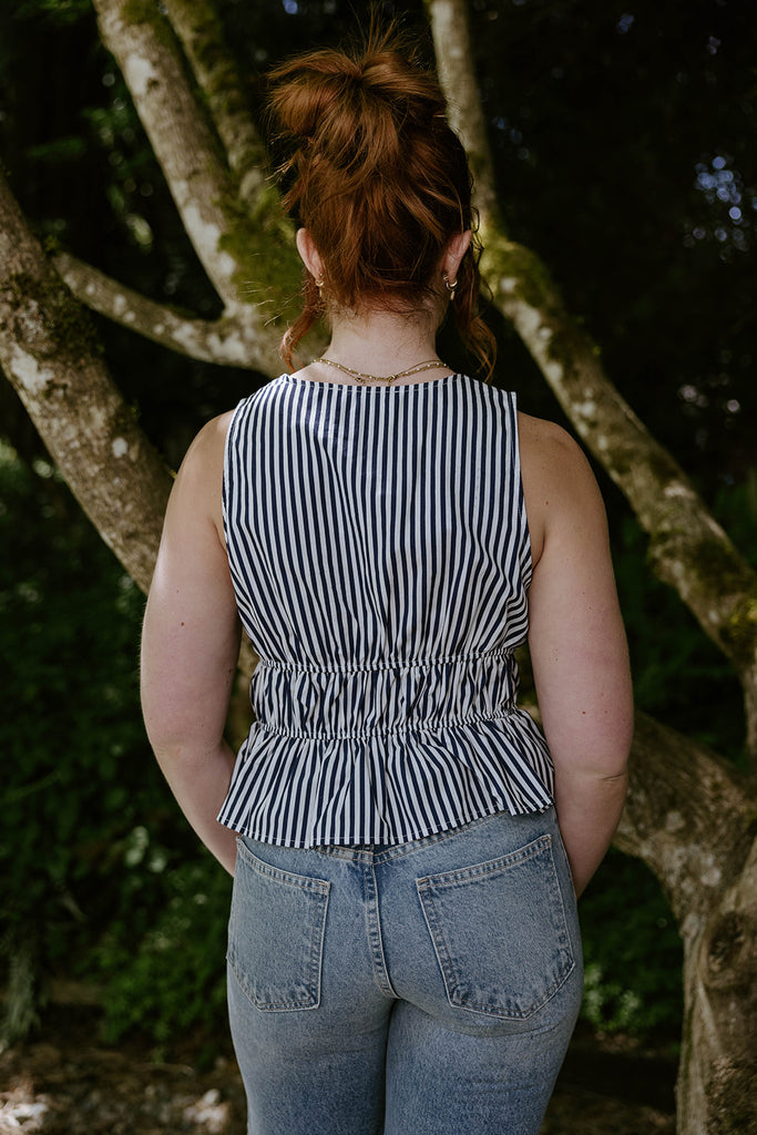 Sleeveless Striped Smocked Shirt - Navy