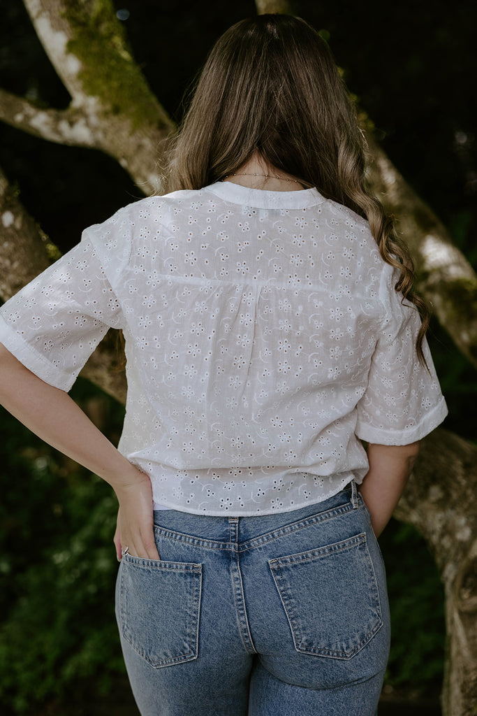 Button Up Eyelet Top - White
