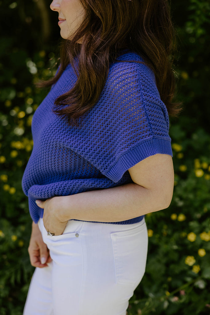 Crochet Knit Short Sleeve - Cobalt Blue