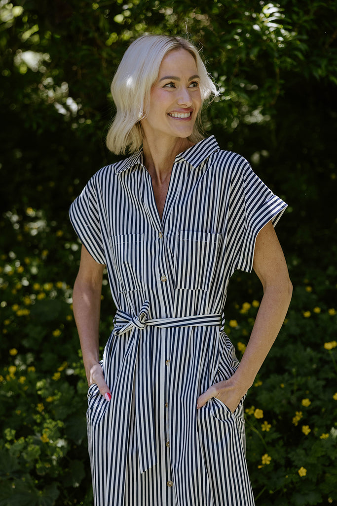 Striped Classic Button Up Midi - Navy