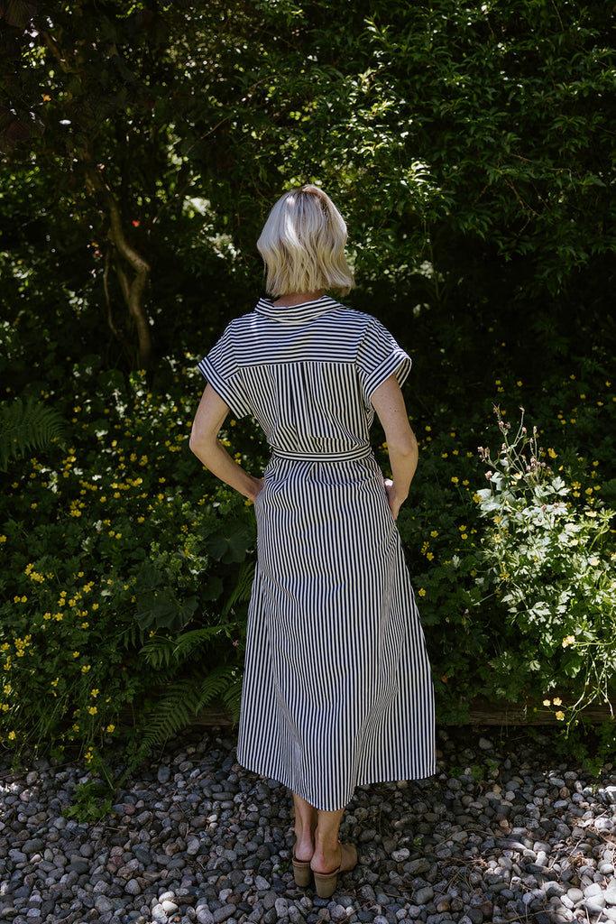 Striped Classic Button Up Midi - Navy