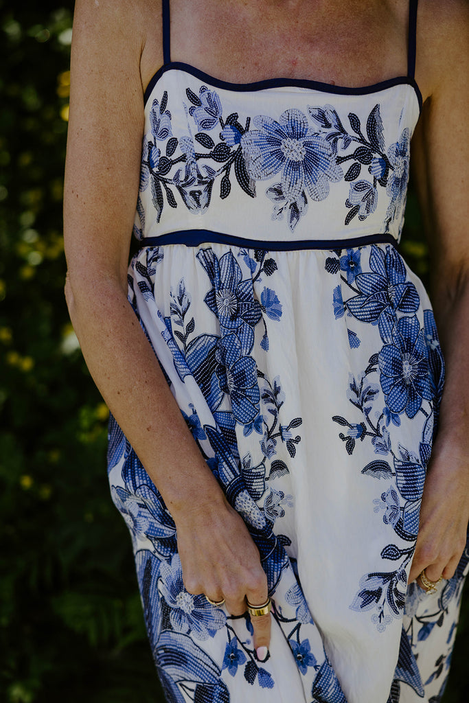 Scallop Trim Floral Midi Dress - Blue