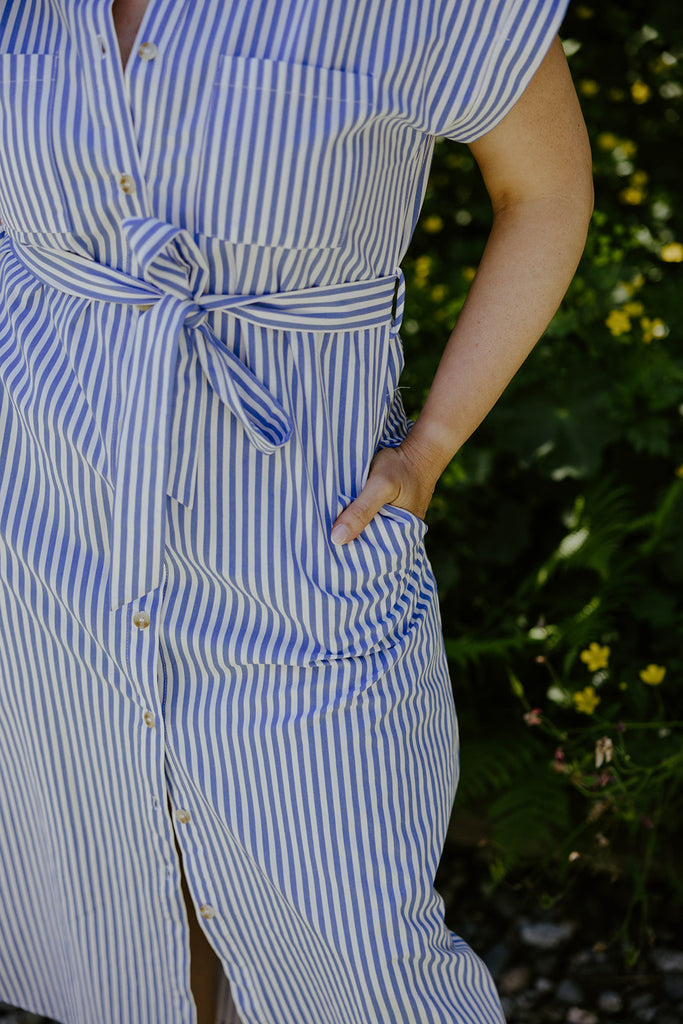 Striped Classic Button Up Midi - Blue