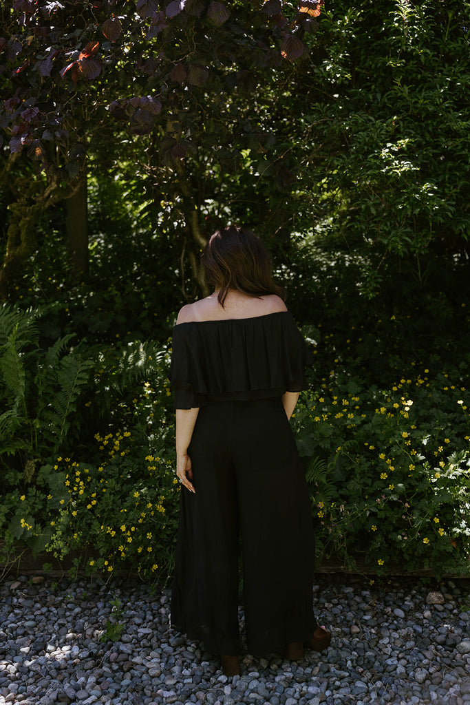 Drape Off Shoulder Top & Flowy Pant - Black