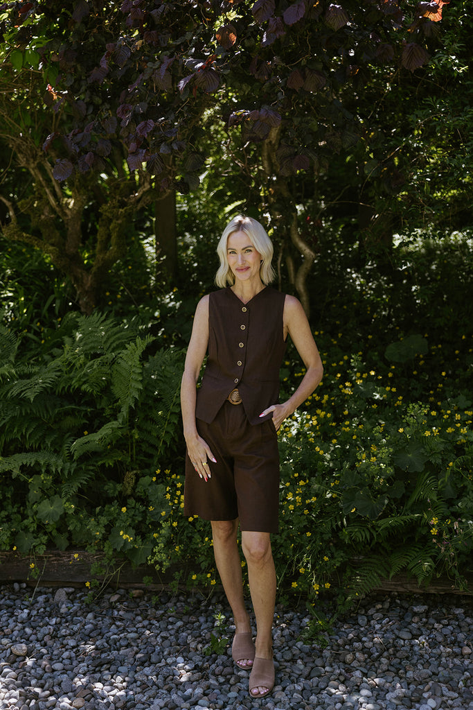 Linen Vest and Shorts Set - Brown