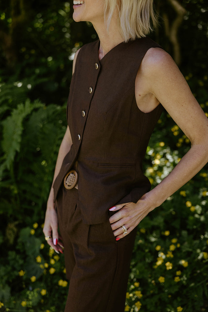 Linen Vest and Shorts Set - Brown