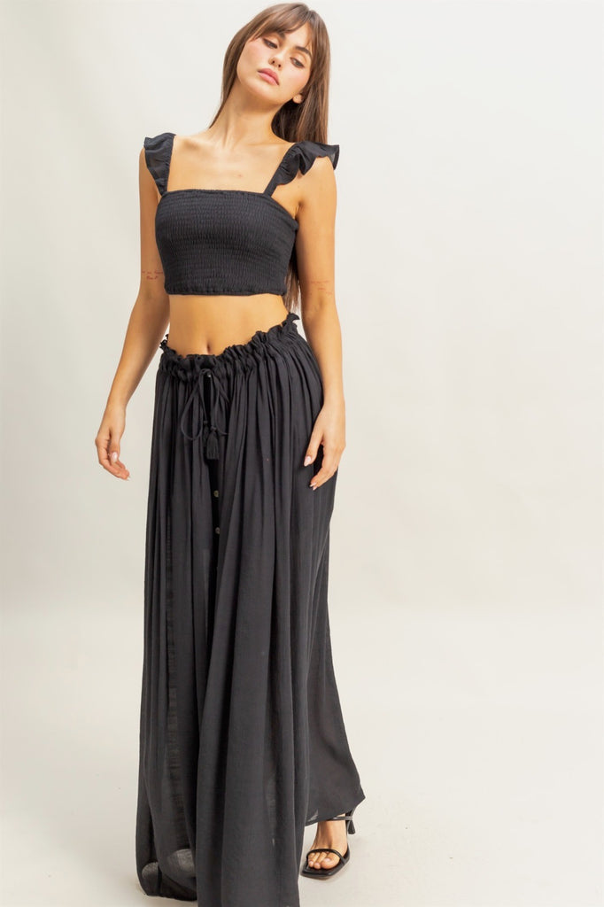 Boho Smocked Top & Maxi Skirt Set - Black