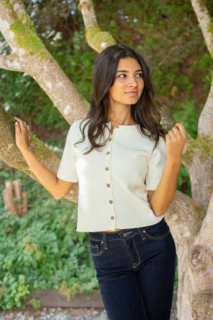 Short Sleeve Knit Cardigan - Ivory
