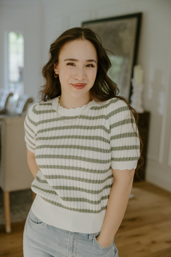 Scalloped Striped Sweater - Sage