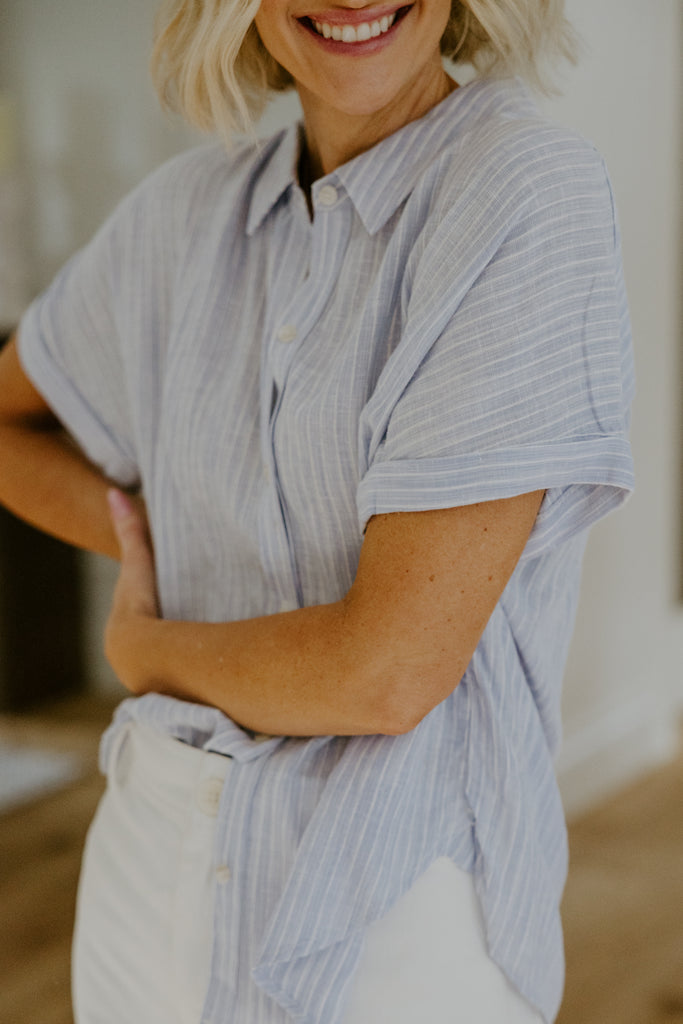 Striped Short Sleeve Button Down - Blue