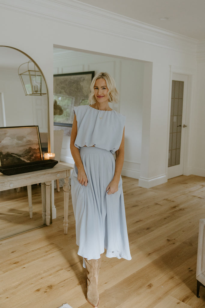 Bubble Top & Flowy Midi Skirt Set - Blue