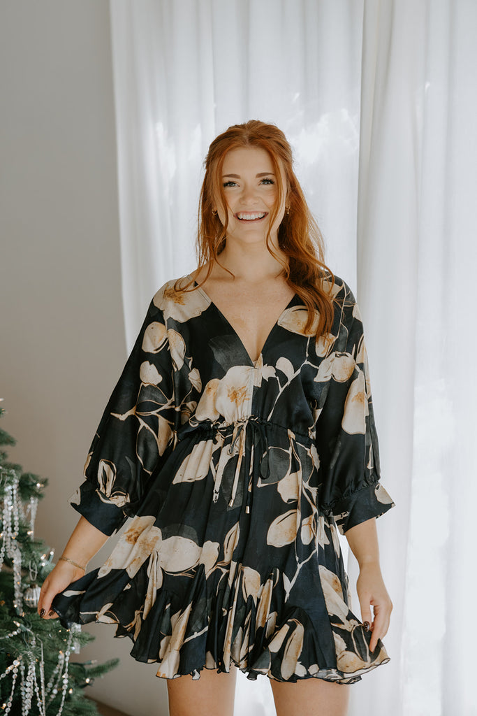 3/4 Sleeve Dolman Front Tie Mini - Navy Print