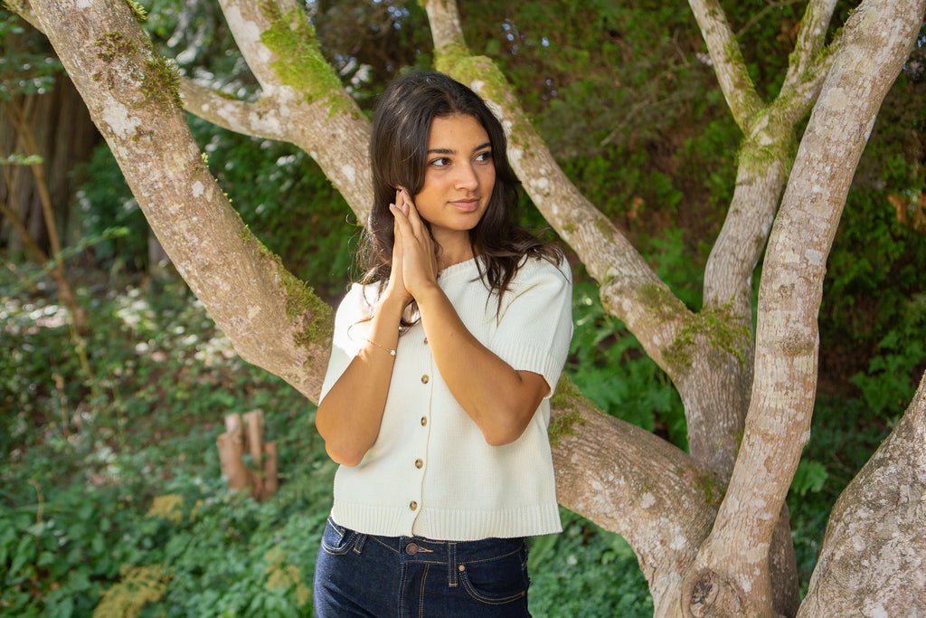 Short Sleeve Knit Cardigan - Ivory