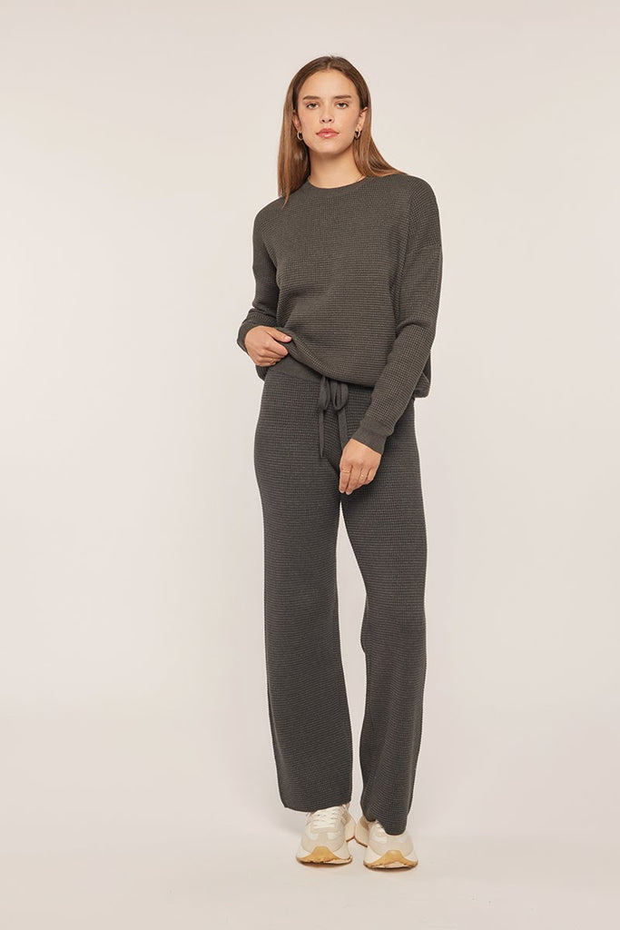 Waffle Textured Sweater & Pant Set - Charcoal