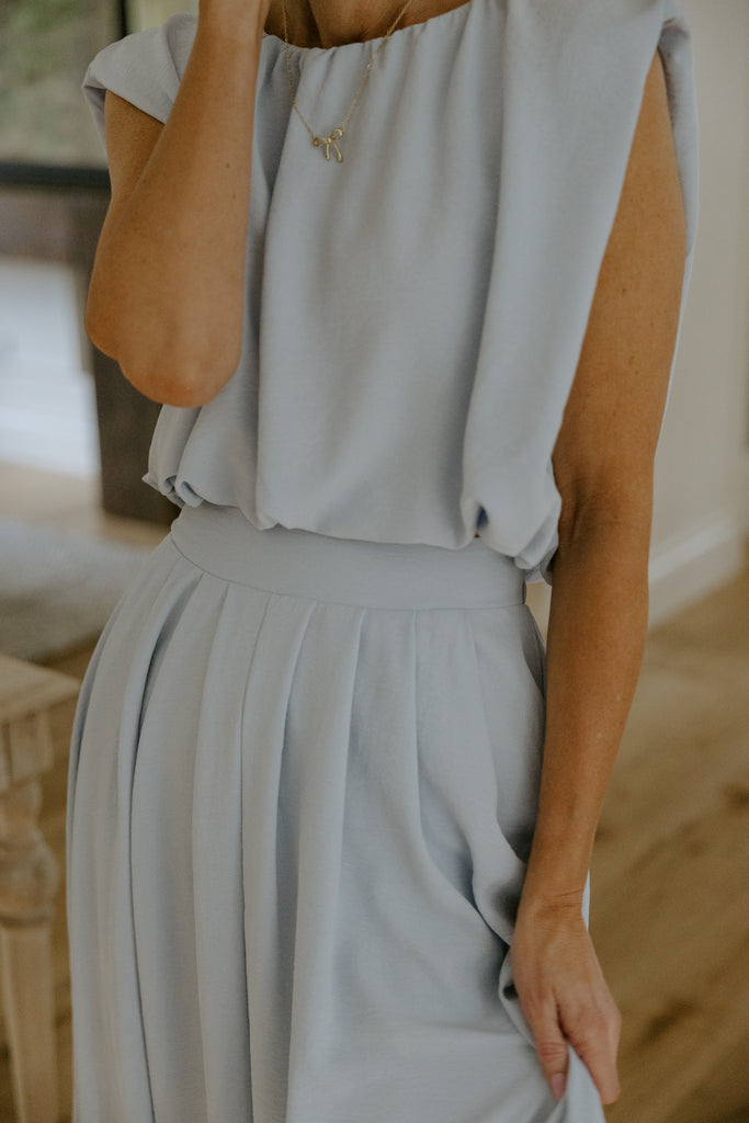 Bubble Top & Flowy Midi Skirt Set - Blue