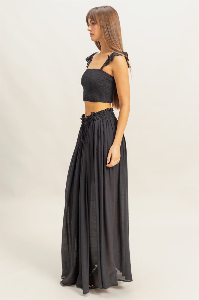 Boho Smocked Top & Maxi Skirt Set - Black