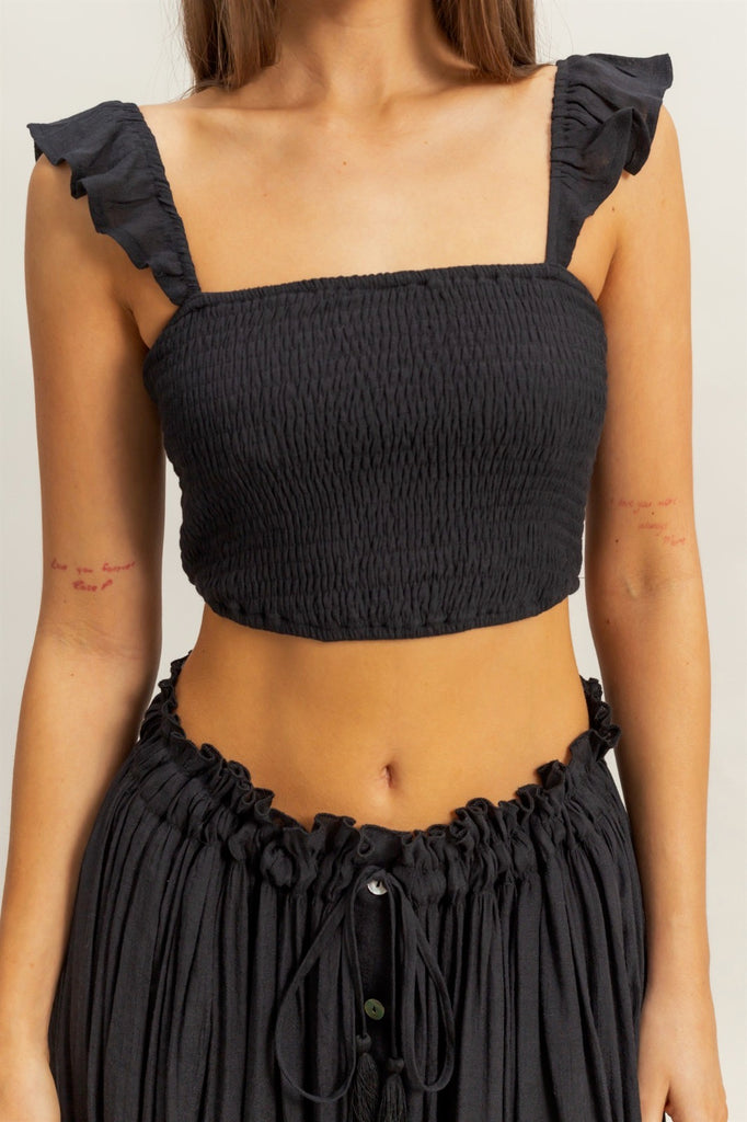 Boho Smocked Top & Maxi Skirt Set - Black