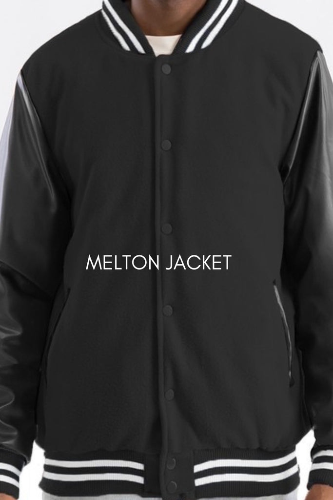 Bomber Jacket with Custom Name & Number - Black Melton Fabric Bomber Jacket