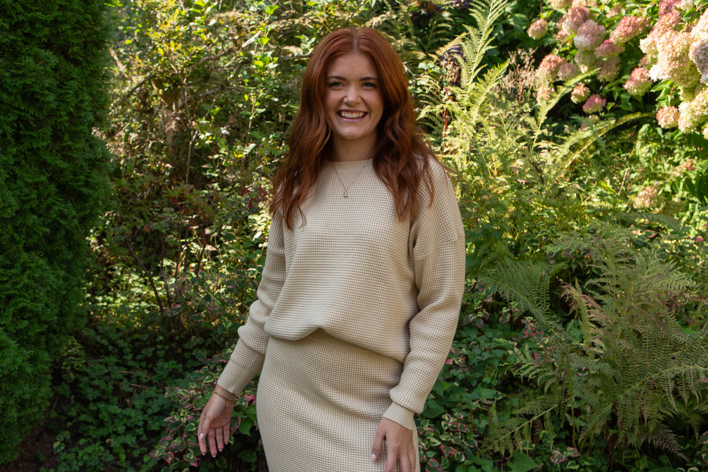Waffle Sweater & Skirt Set - Oat