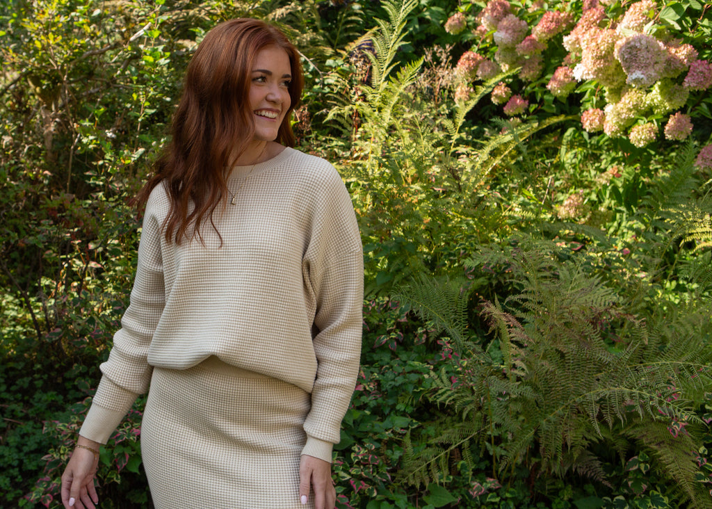 Waffle Sweater & Skirt Set - Oat