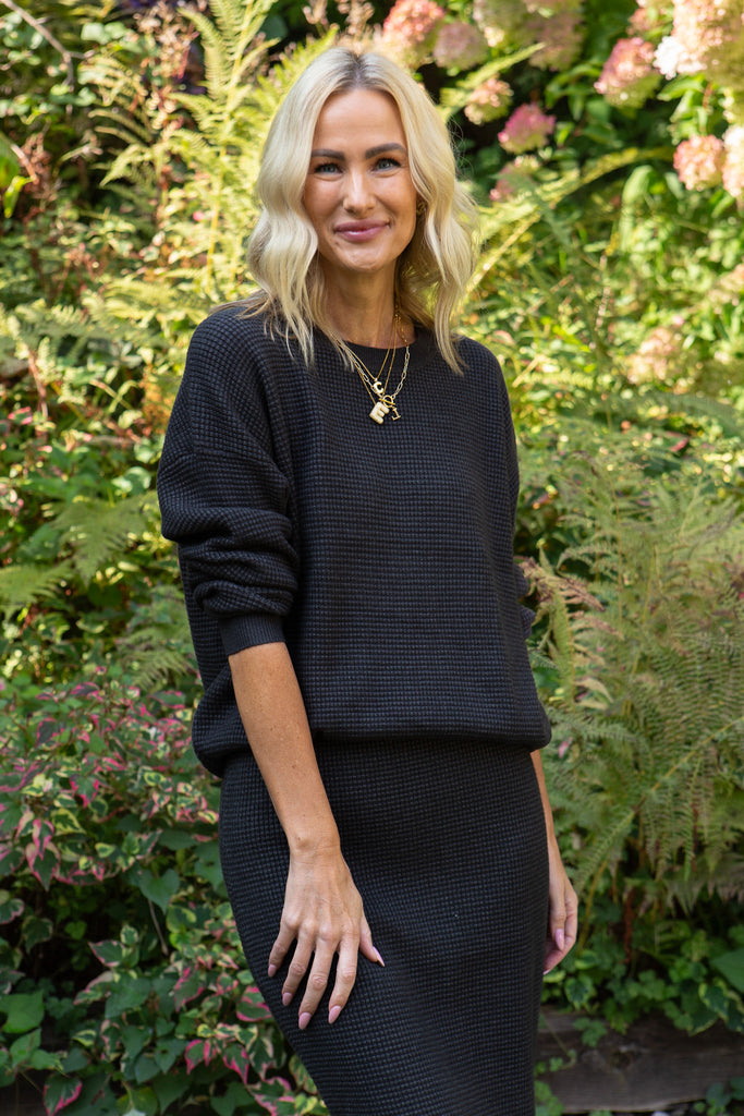 Waffle Sweater & Skirt Set - Heather Charcoal